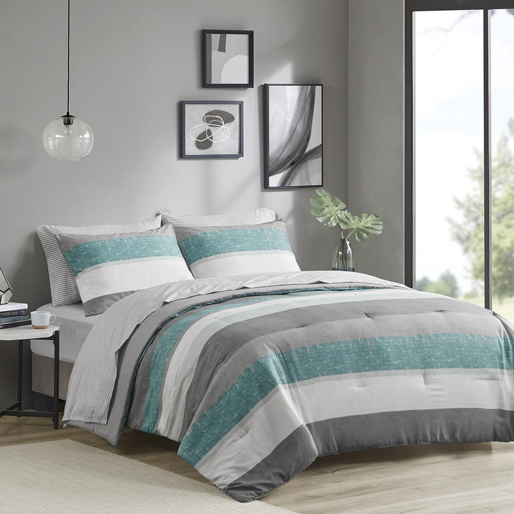 Jaxon Stripe Comforter Set with Bed Sheets, Aqua/Grey color. Picture 1
