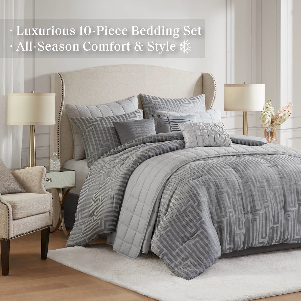 Royce 10 Piece Luxury Jacquard Comforter Set, Grey color. Picture 5