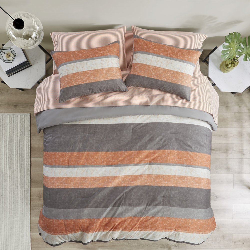 Jaxon Stripe Comforter Set with Bed Sheets, Coral/Grey color. Picture 5