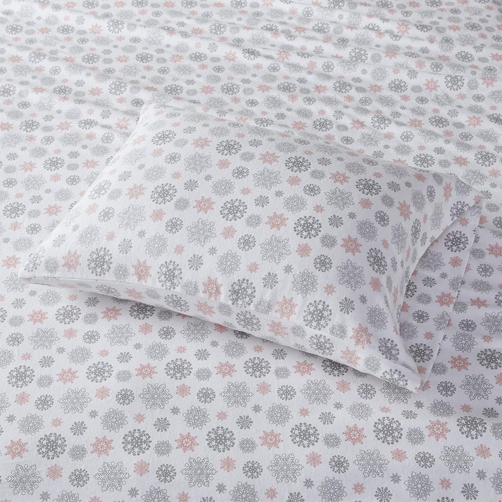 Cozy Flannel Printed Sheet Set, Pink/Grey Snowflakes color. Picture 3