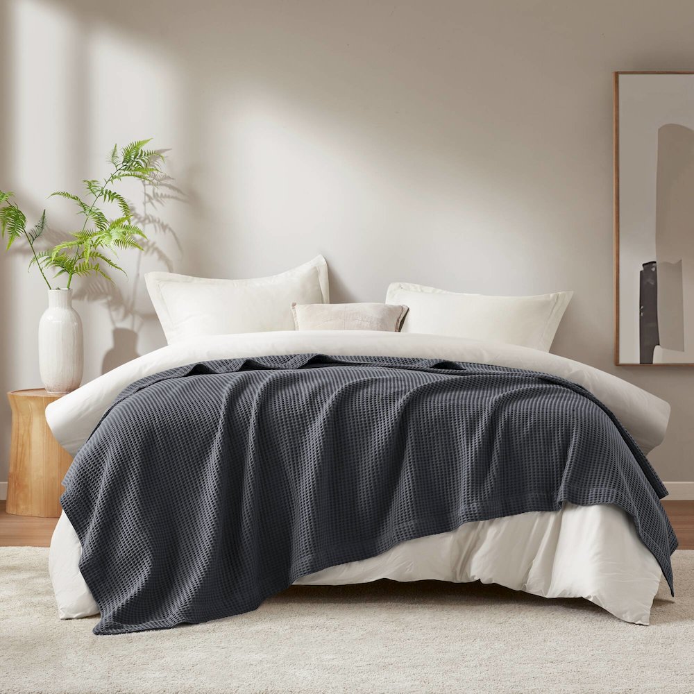 Waffle Weave Cotton Blanket, Dark Grey color. Picture 1