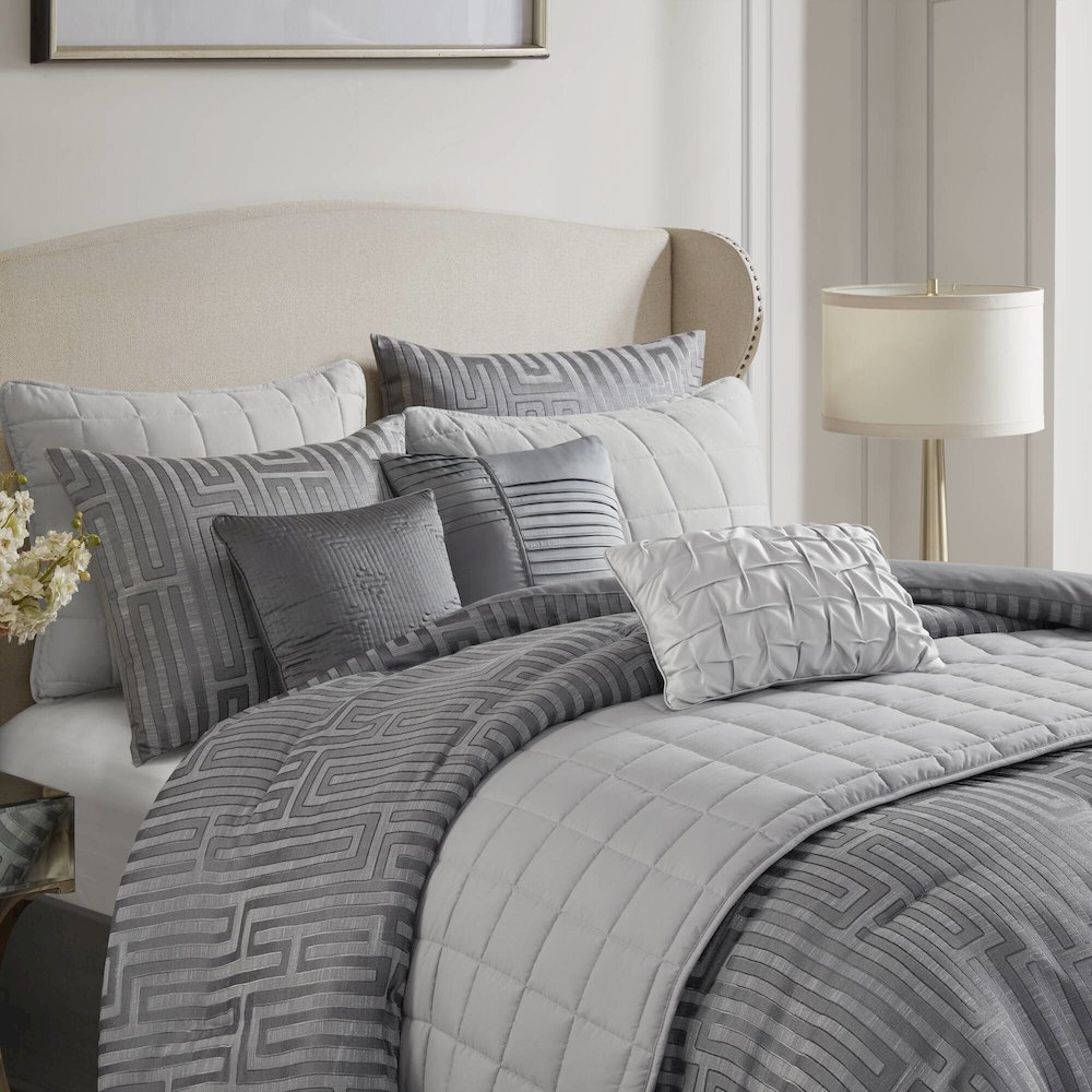 Royce 10 Piece Luxury Jacquard Comforter Set, Grey color. Picture 4