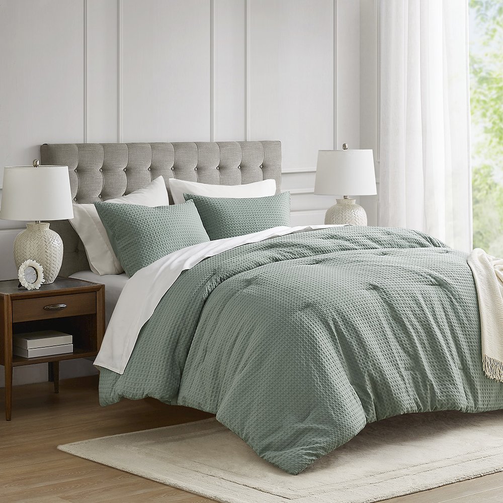 Mina Waffle Weave Textured Comforter Set, Sage Green color. Picture 3