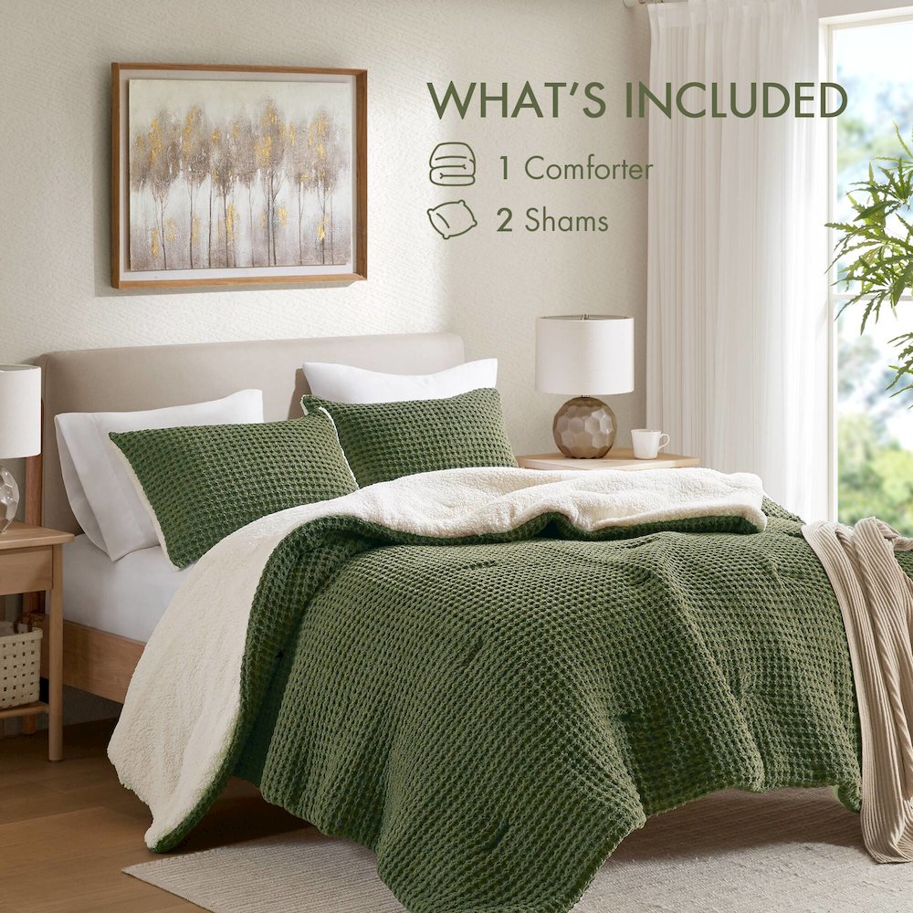 Riordan Waffle Knit Chenille Comforter Set, Olive color. Picture 5