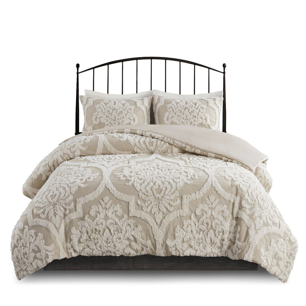 3 piece Tufted Cotton Chenille Damask Duvet Cover Set. Picture 1
