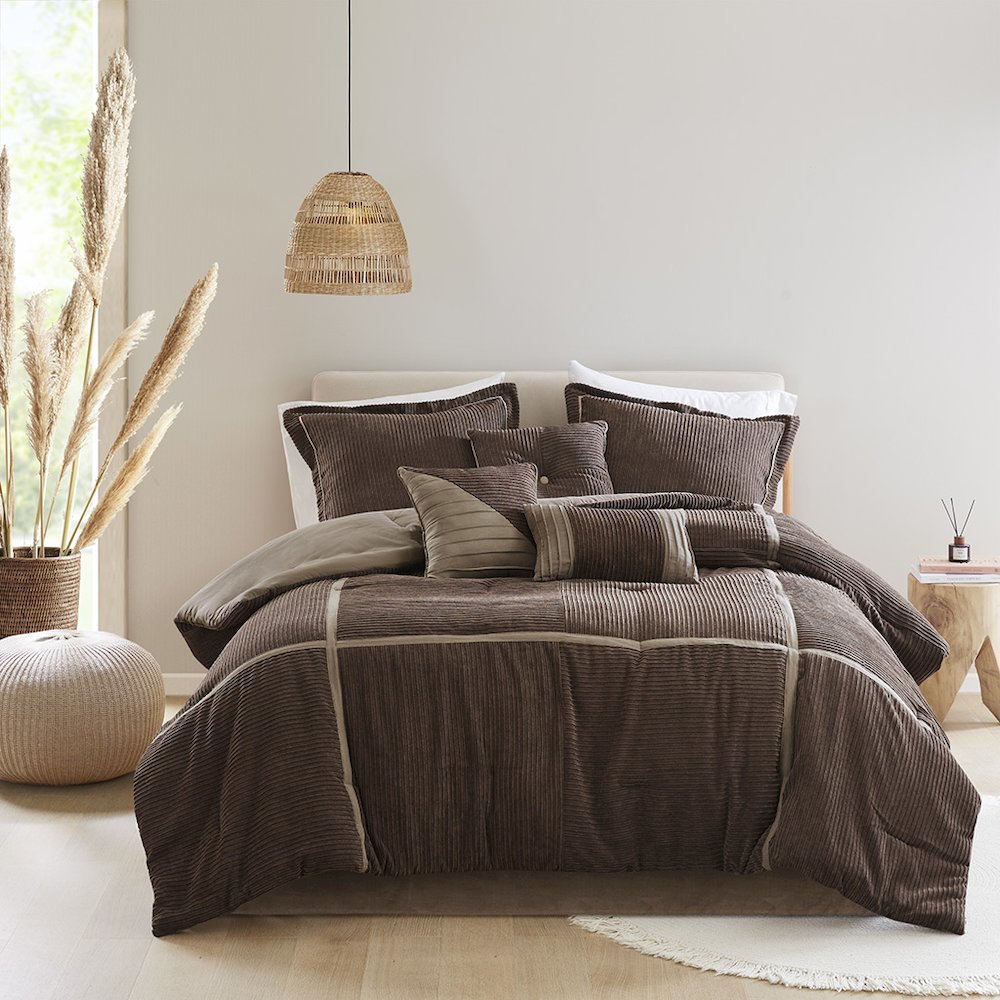 Dallas 7 Piece Micro Corduroy Comforter Set, Brown color. Picture 1