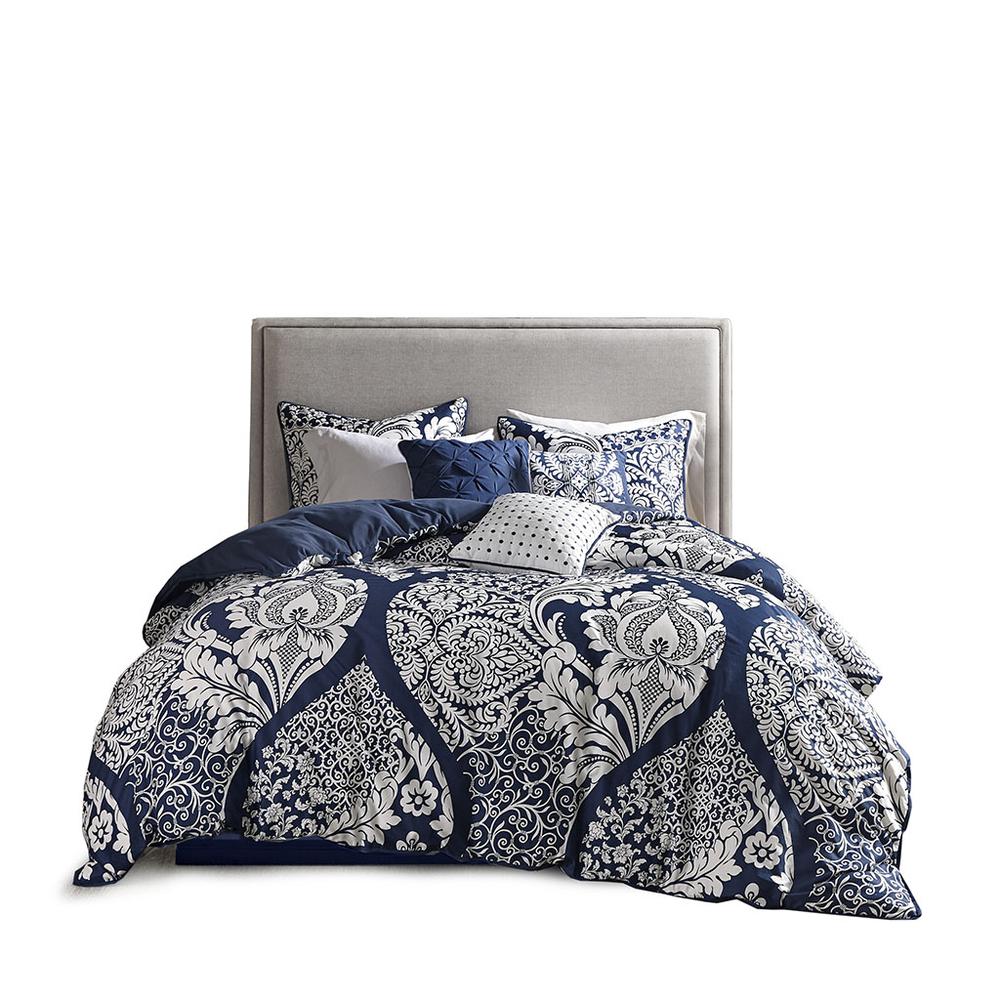 Vienna 7 Piece Cotton Printed Comforter Set, Indigo color. Picture 1