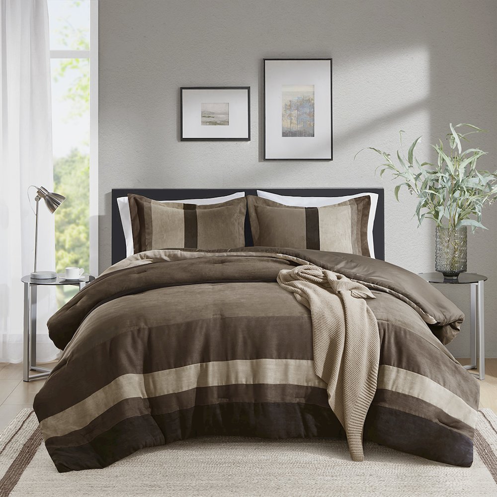 Boulder Stripe Pieced Faux Suede Comforter Set, Brown color. Picture 1