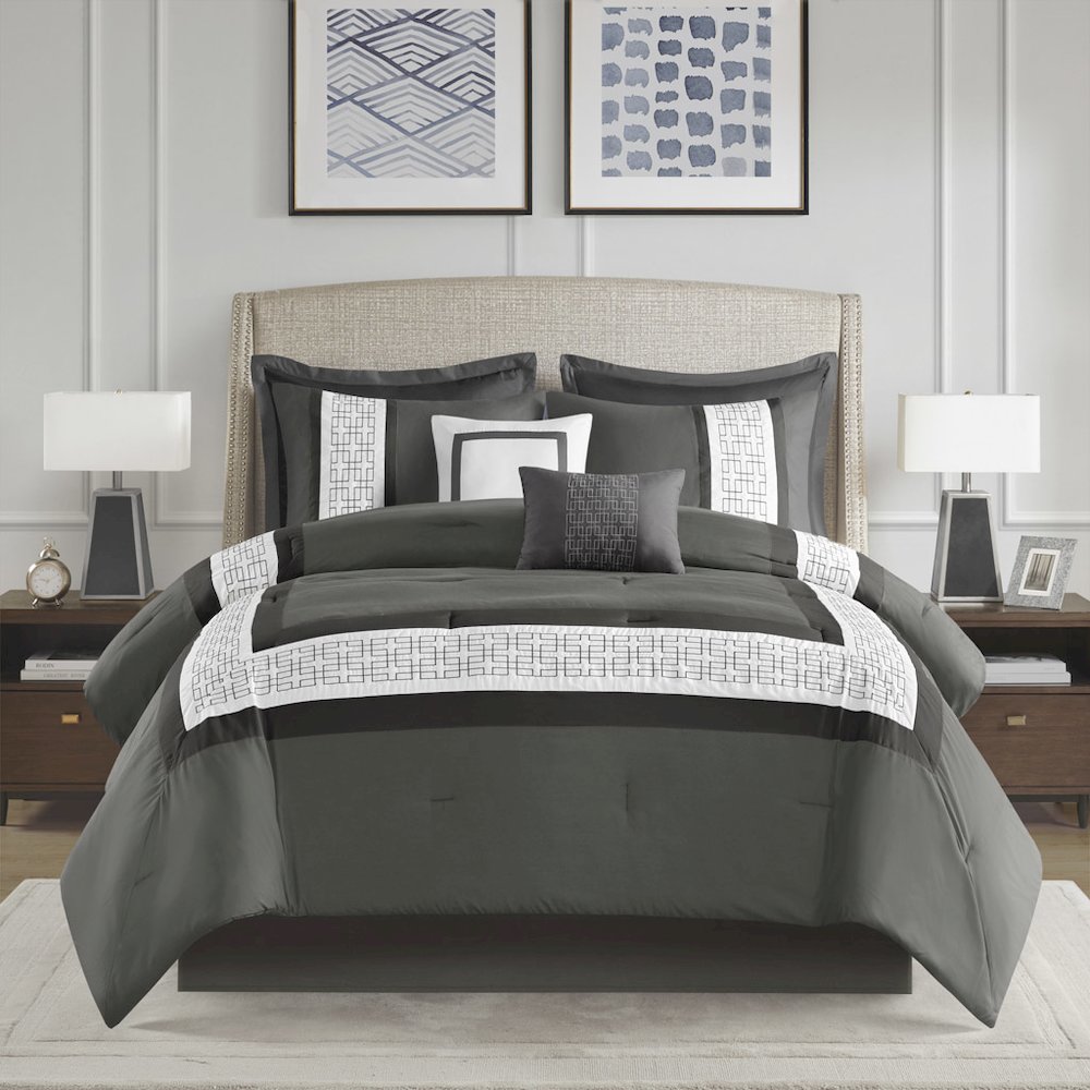 Powell 8 Piece Embroidered Comforter Set, Dark Grey color. Picture 1