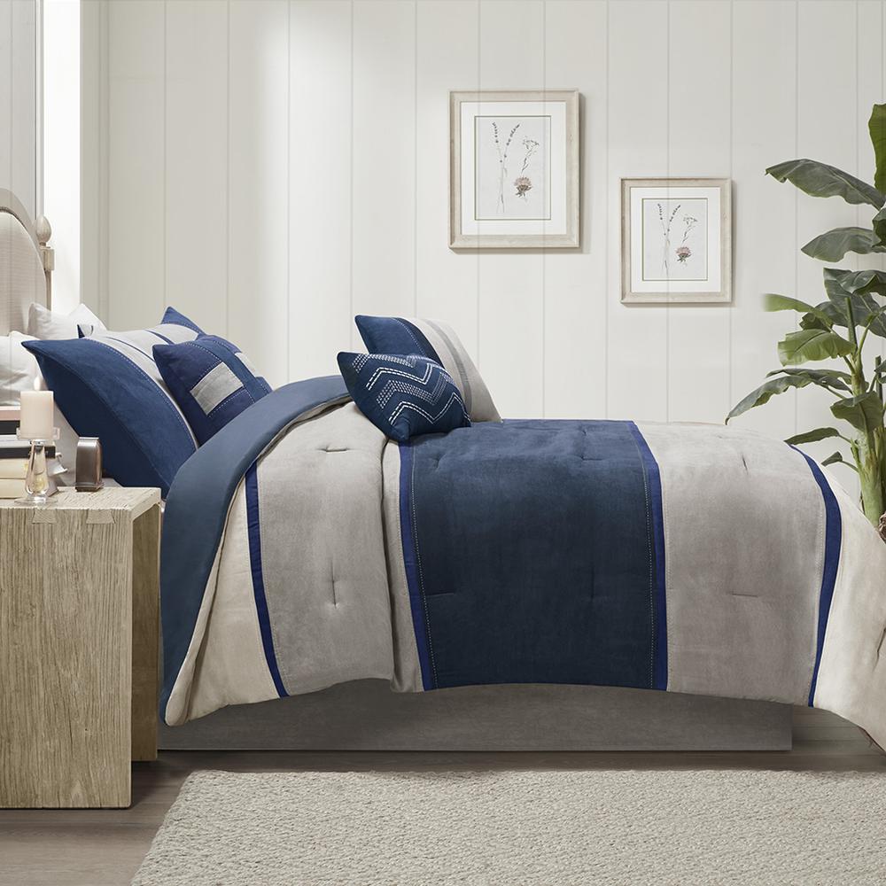 Palisades 7 Piece Faux Suede Comforter Set, Blue color. Picture 1