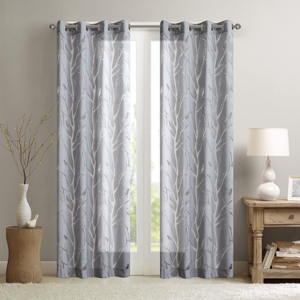 Grommet Top Sheer Bird on Branches Burnout Window Curtain. Picture 2