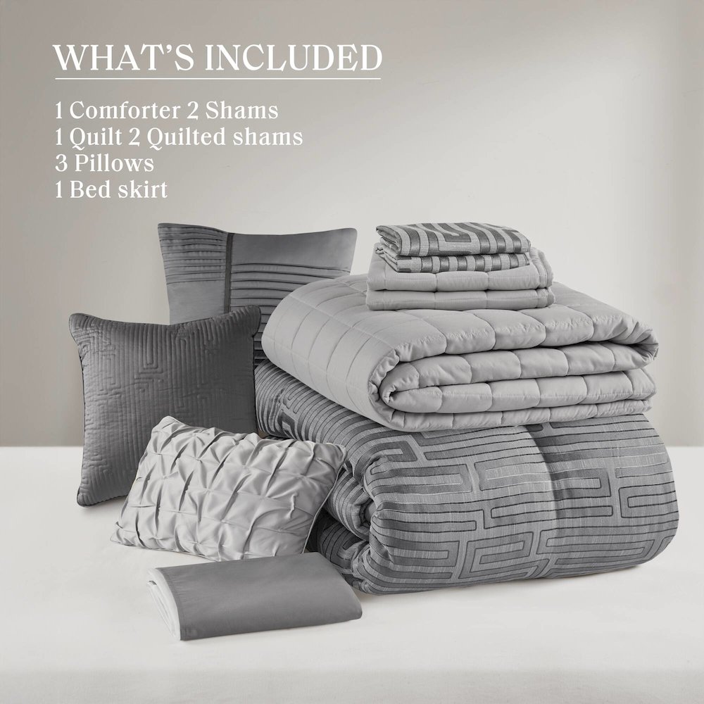 Royce 10 Piece Luxury Jacquard Comforter Set, Grey color. Picture 3