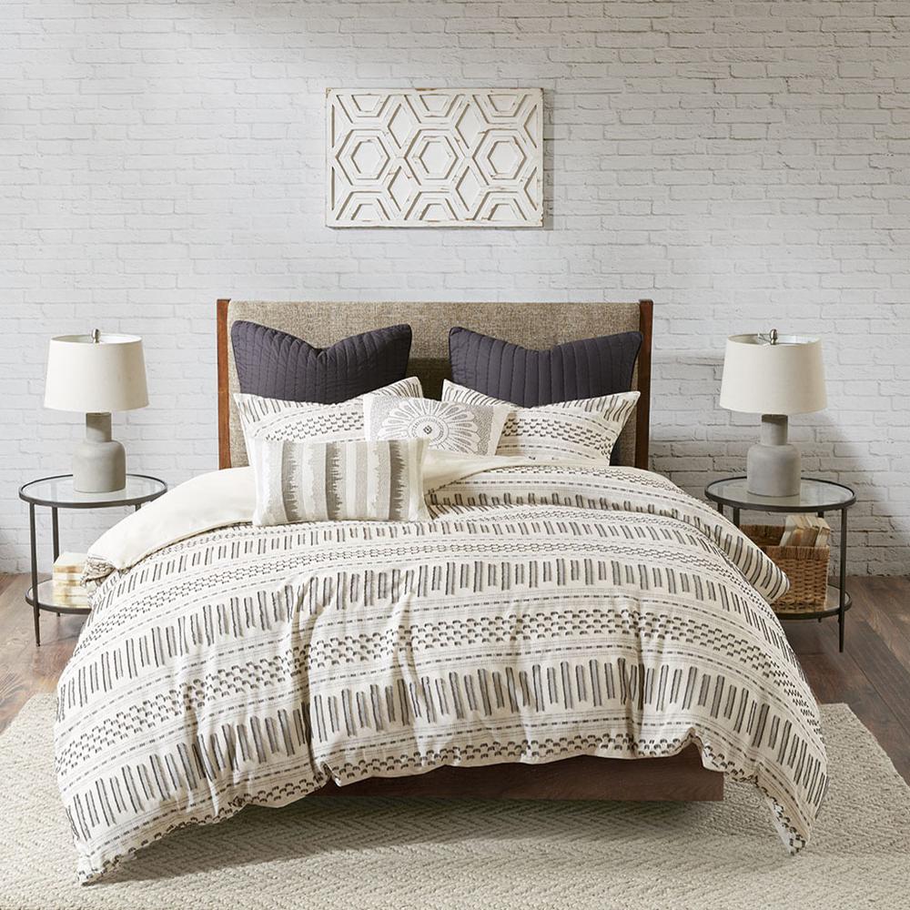Rhea Cotton Jacquard Duvet Cover Mini Set, Ivory/Charcoal color. Picture 5