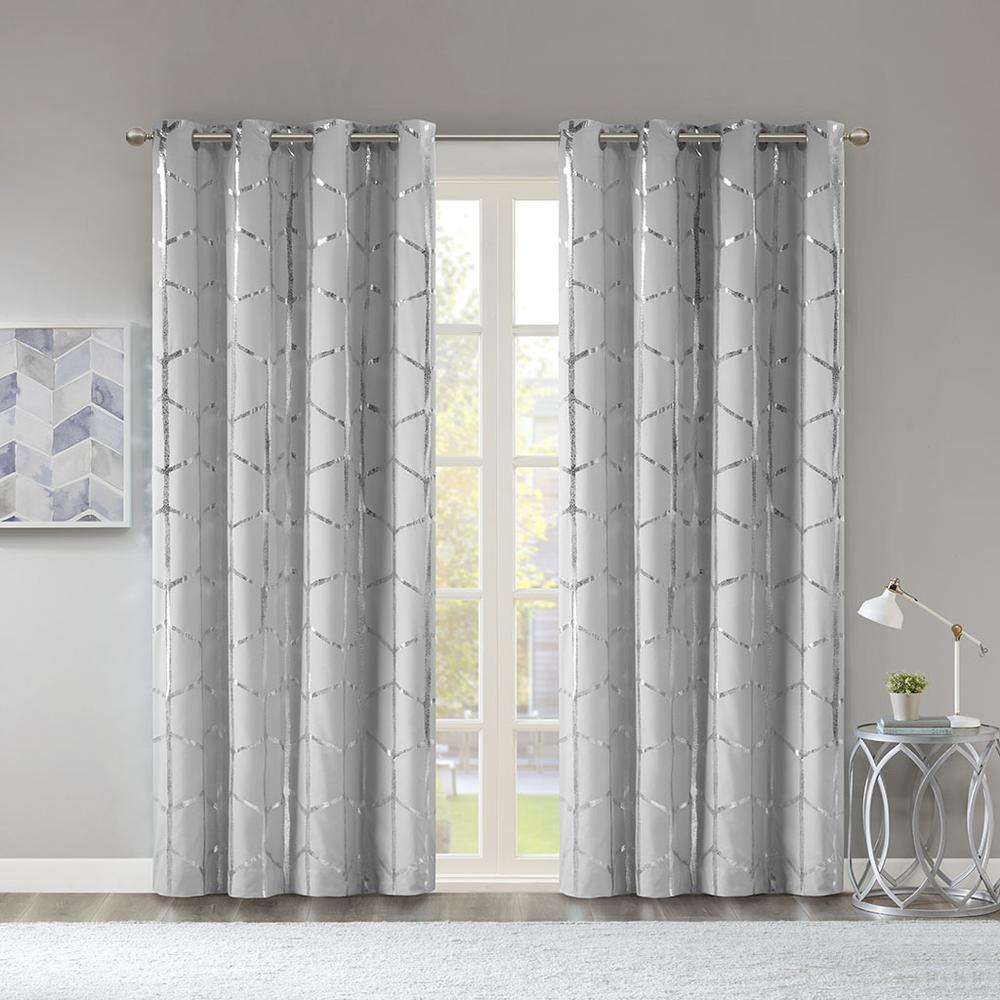 Total Blackout Metallic Print Grommet Top Curtain Panel Pair. Picture 1