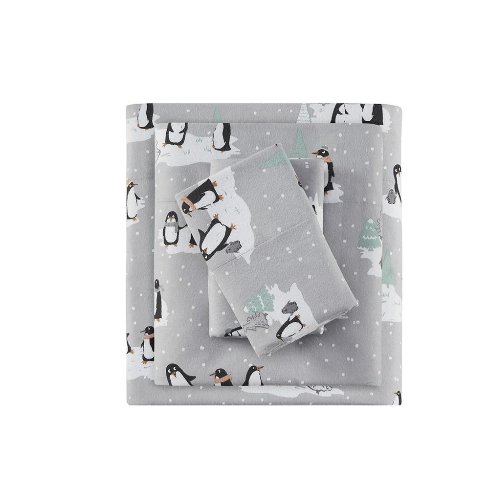 Cozy Flannel Printed Sheet Set, Grey Penguins color. Picture 1