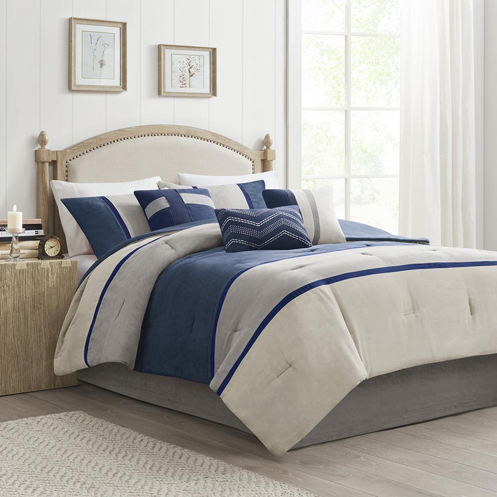 Palisades 7 Piece Faux Suede Comforter Set, Blue color. Picture 4