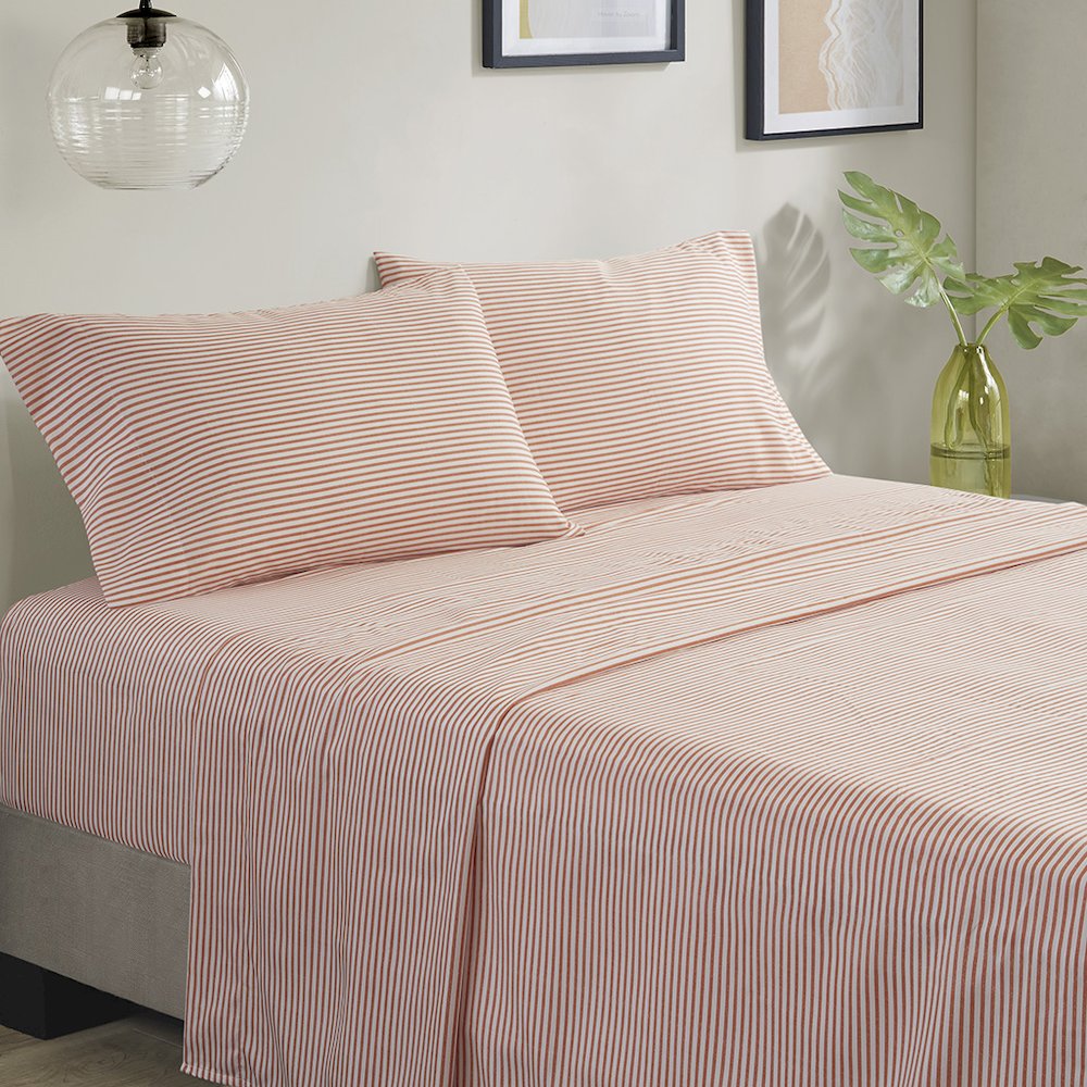 Jaxon Stripe Comforter Set with Bed Sheets, Coral/Grey color. Picture 2