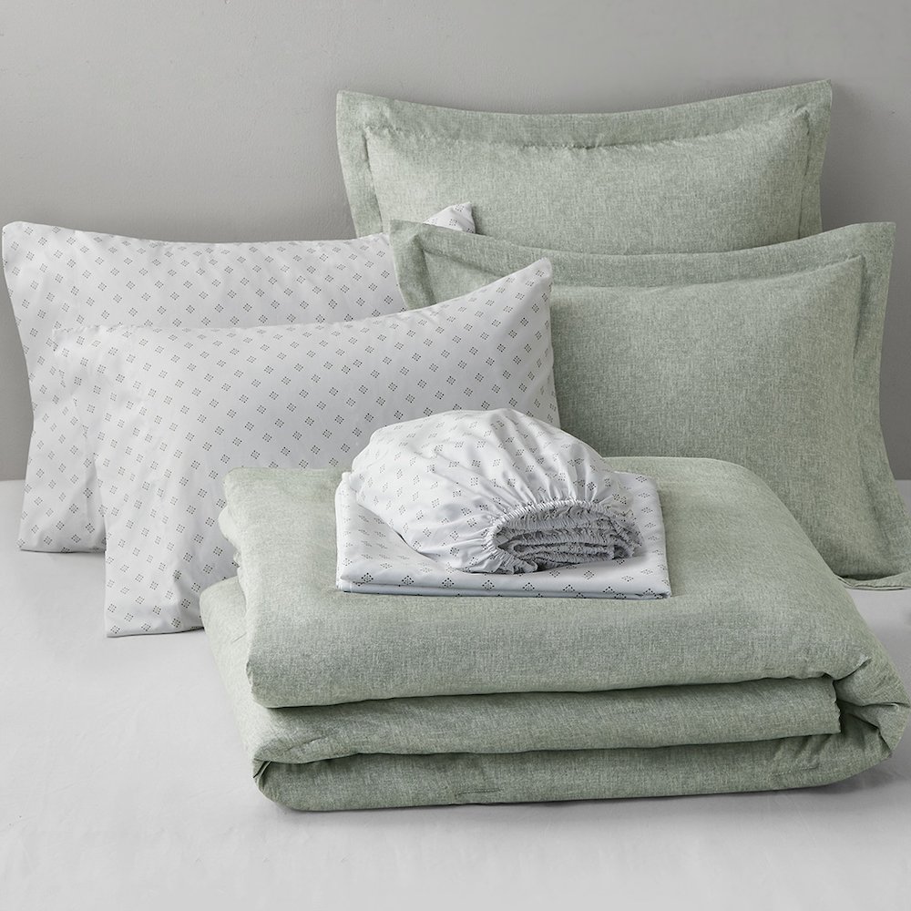 Camden Chambray Print Solid Comforter Set, Sage Green color. Picture 2