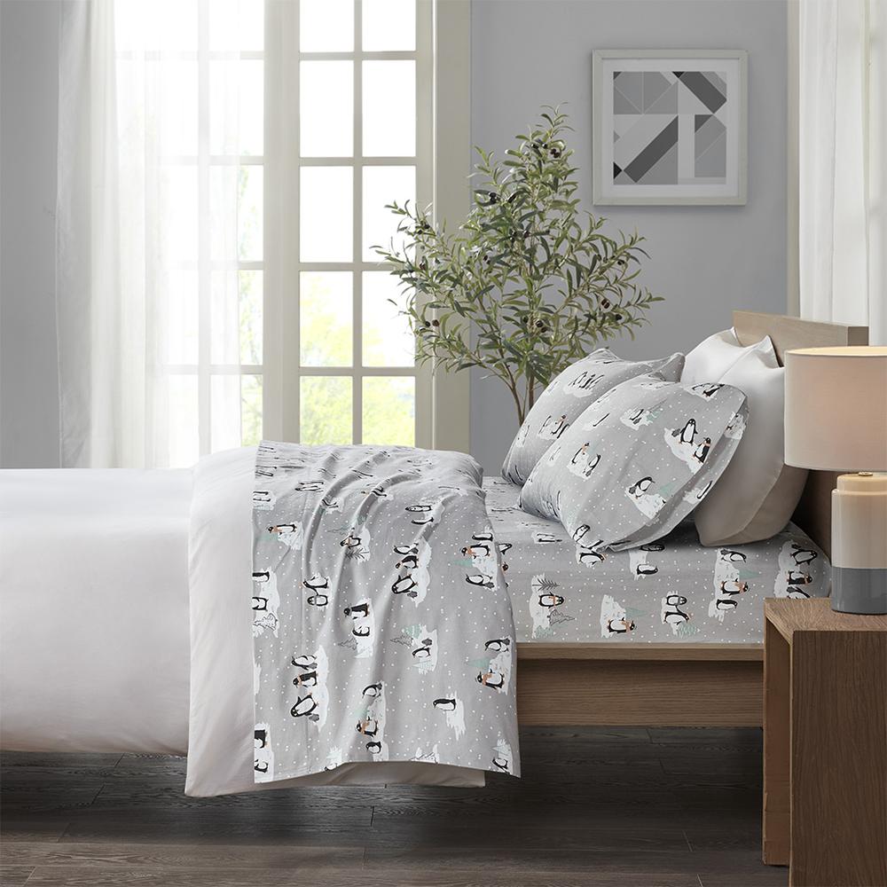 Cozy Flannel Printed Sheet Set, Grey Penguins color. Picture 4