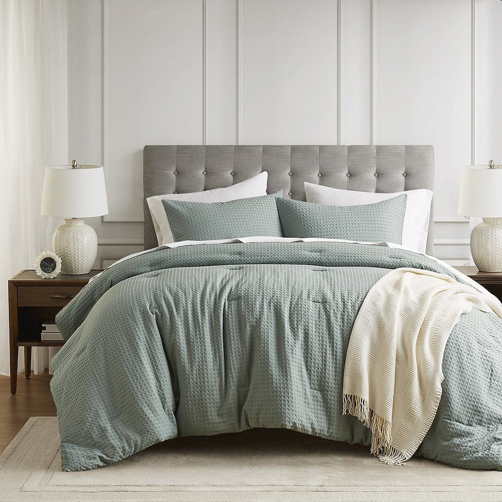 Mina Waffle Weave Textured Comforter Set, Sage Green color. Picture 1