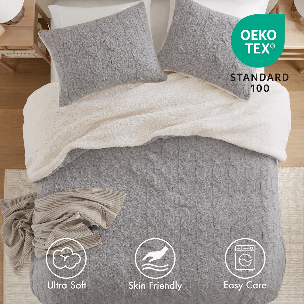 Riordan Cable Knit Chenille Comforter Set, Gray color. Picture 3