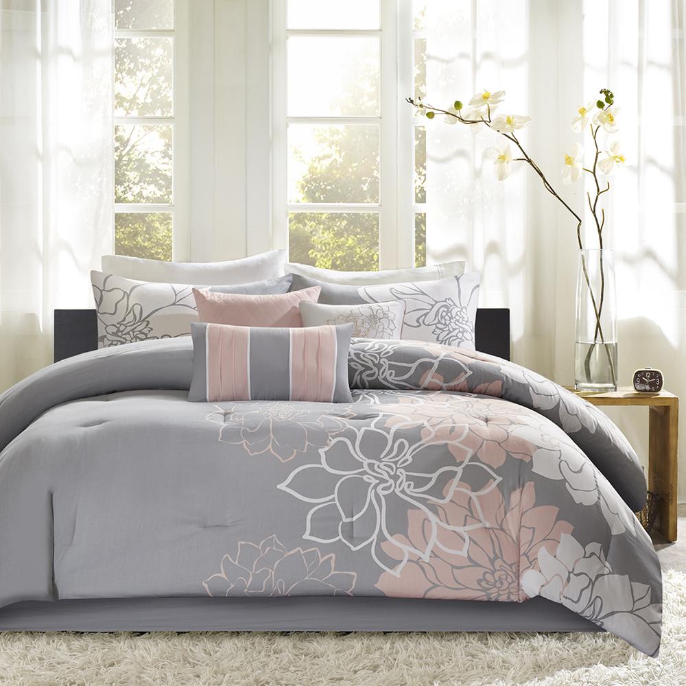Lola Printed Cotton Sateen Comforter Set, Grey/Peach color. Picture 1