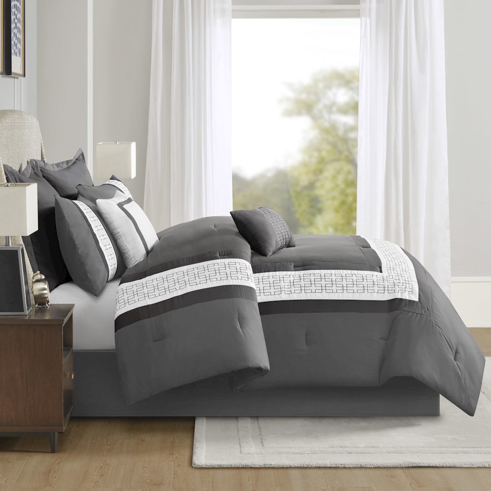 Powell 8 Piece Embroidered Comforter Set, Dark Grey color. Picture 4