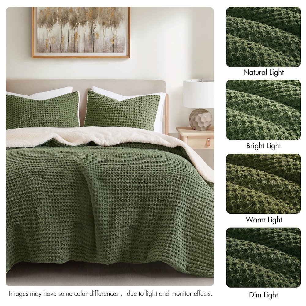 Riordan Waffle Knit Chenille Comforter Set, Olive color. Picture 4