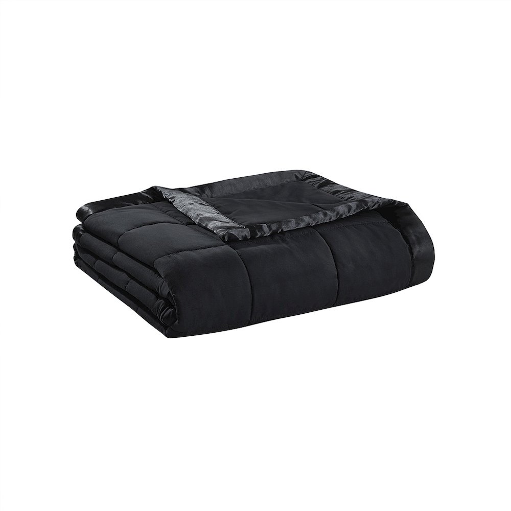 Windom Lightweight Down Alternative Blanket with Satin Trim in Black. Picture 2