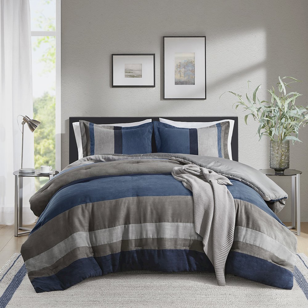 Boulder Stripe Pieced Faux Suede Comforter Set, Blue color. Picture 1