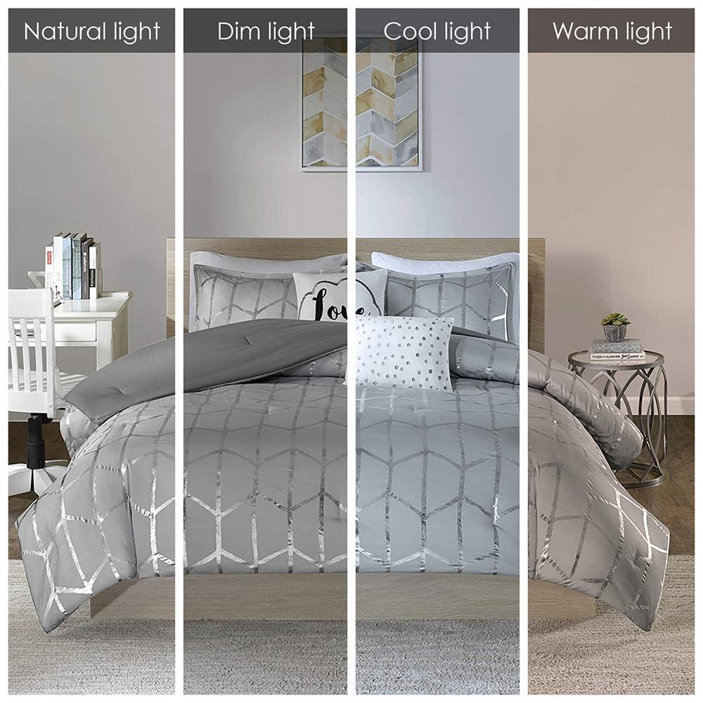 Raina Metallic Printed Comforter Set, Grey/Silver color. Picture 3