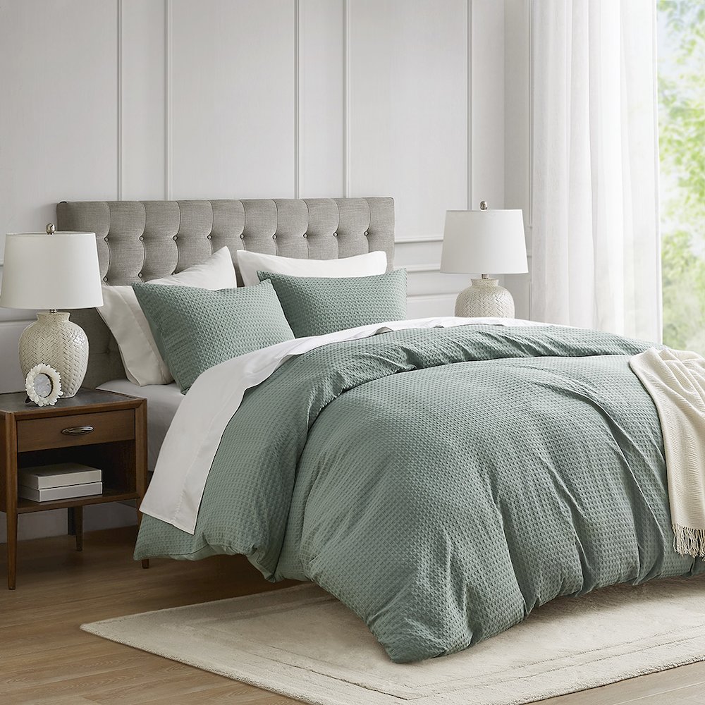 Mina Waffle Weave Textured Duvet Cover Set, Sage Green color. Picture 4