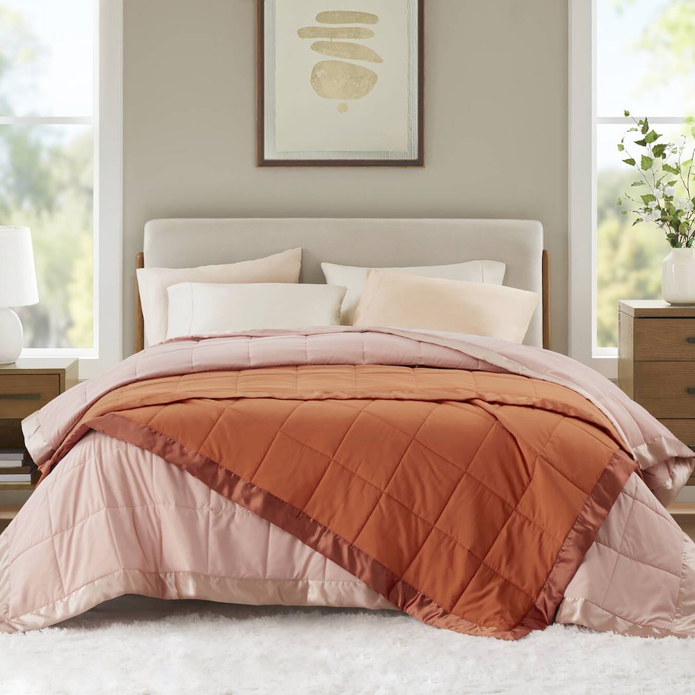 Lightweight Down Alternative Blanket with Satin Trim. Picture 3