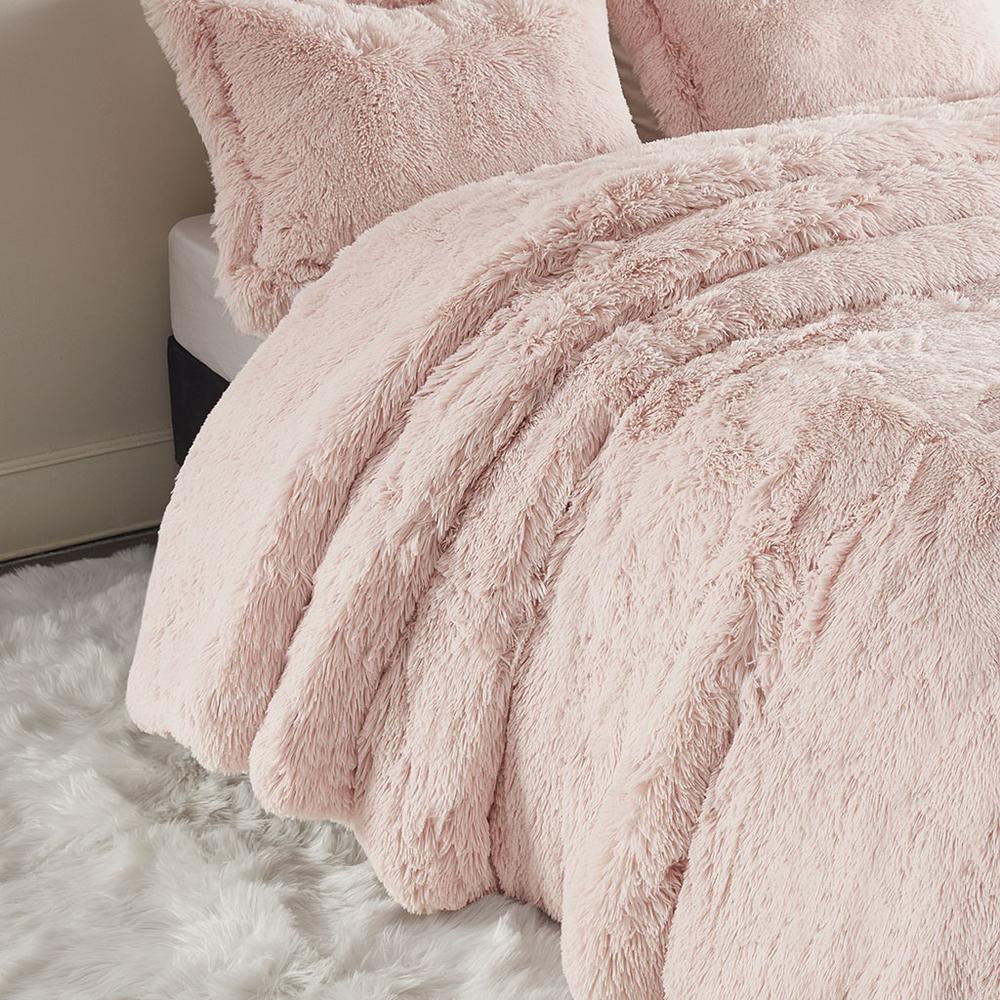 Malea Shaggy Fur Duvet Cover Set, Blush color. Picture 3