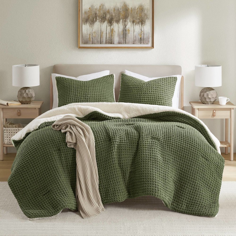 Riordan Waffle Knit Chenille Comforter Set, Olive color. Picture 3