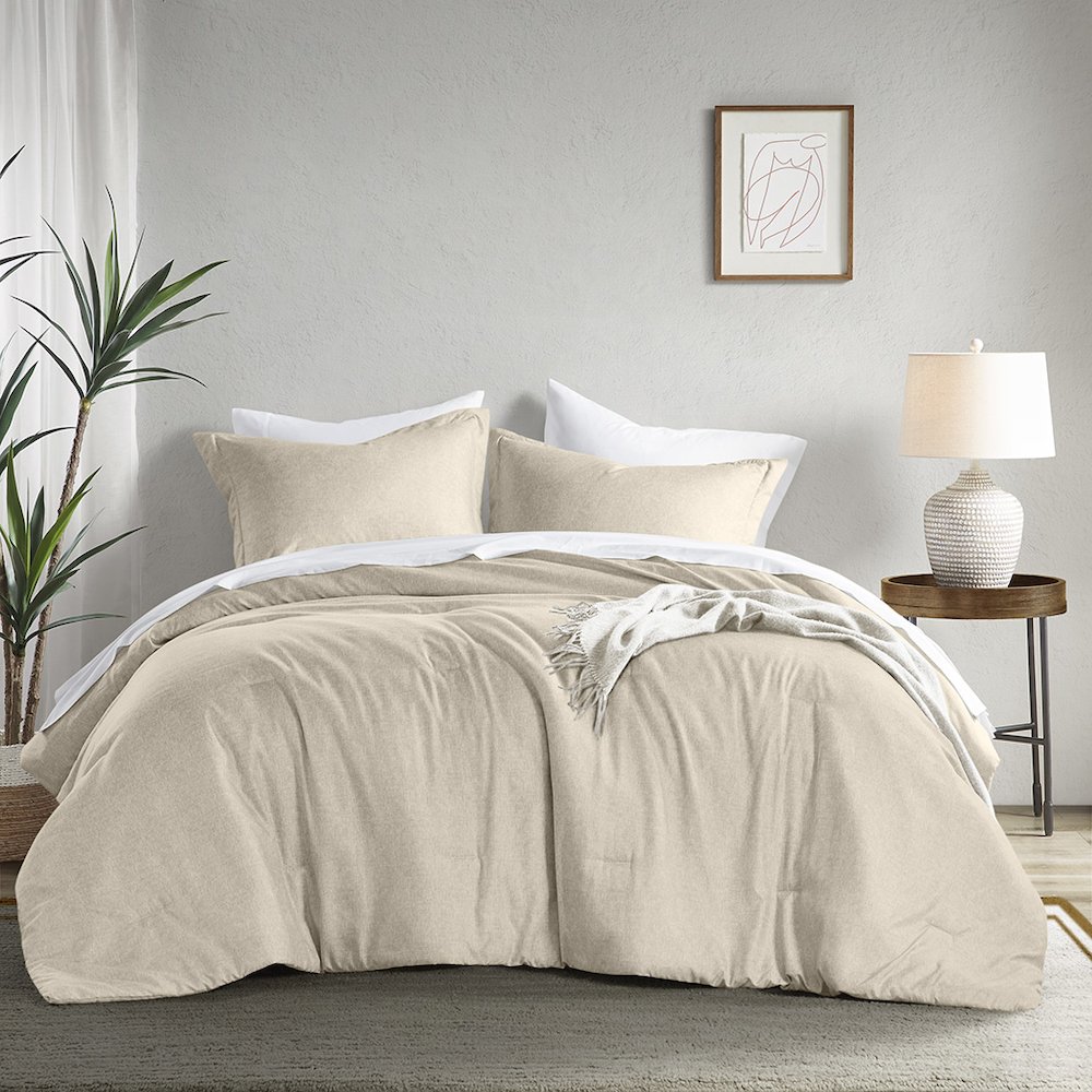 Camden Chambray Print Solid Comforter Set, Neutral color. Picture 1