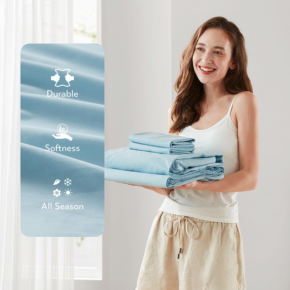 Cotton 144TC 100% Cotton Solid Sheet Set, Light Blue color. Picture 5