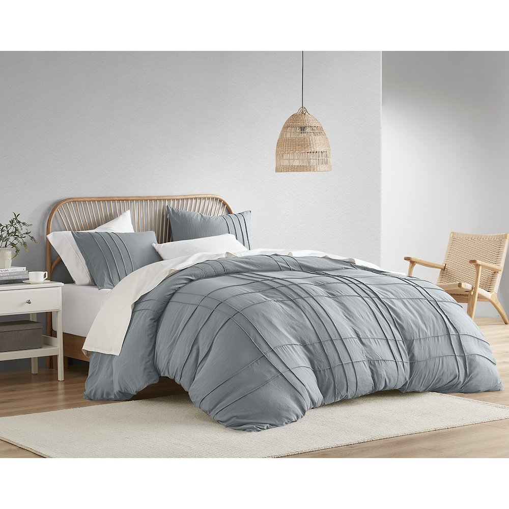 Porter Soft Washed Pleated Duvet Cover Set, Blue/Grey color. Picture 3