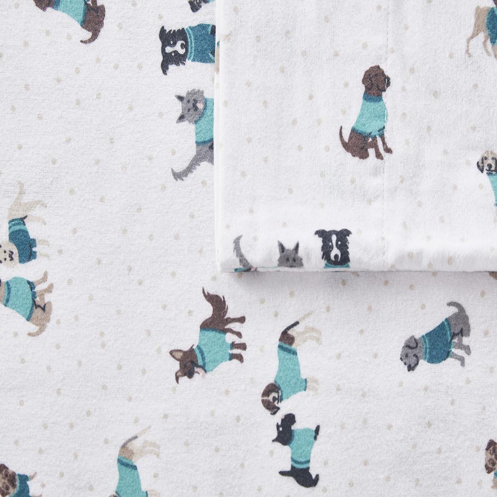 Cozy Soft Cotton Flannel Printed Sheet Set, Teal Dogs color. Picture 5