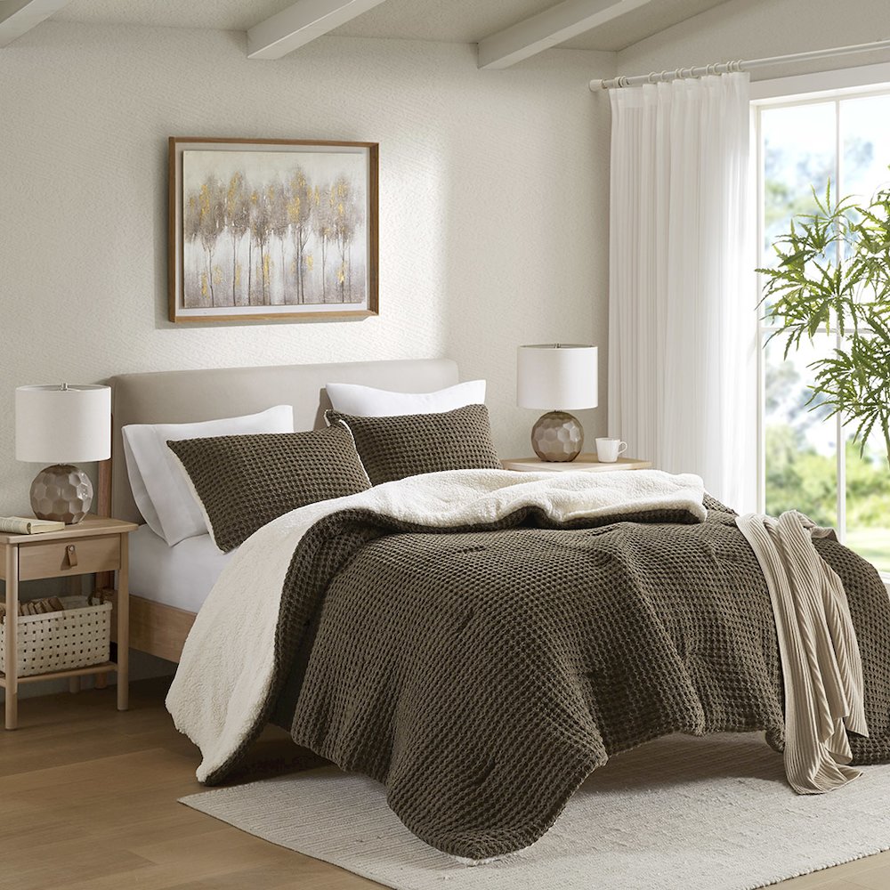 Riordan Waffle Knit Chenille Comforter Set in Brown Color. Picture 3