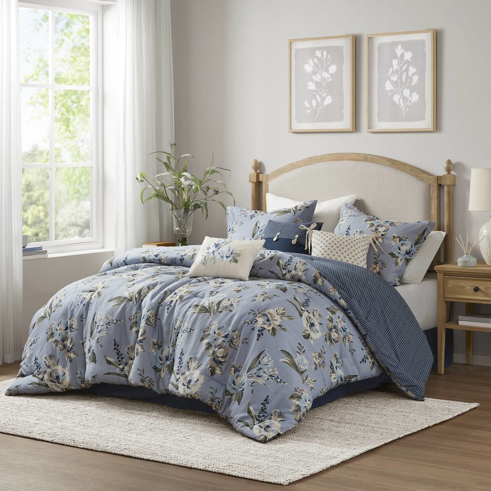Salara 7 Piece Vintage Floral Comforter Set, Blue color. Picture 2