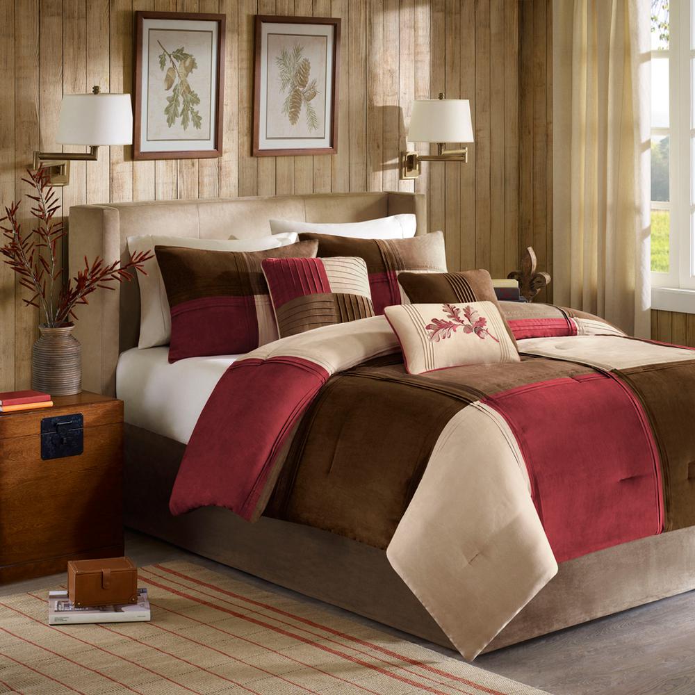 Jackson Blocks 7 Piece Microsuede Comforter Set, Red color. Picture 1