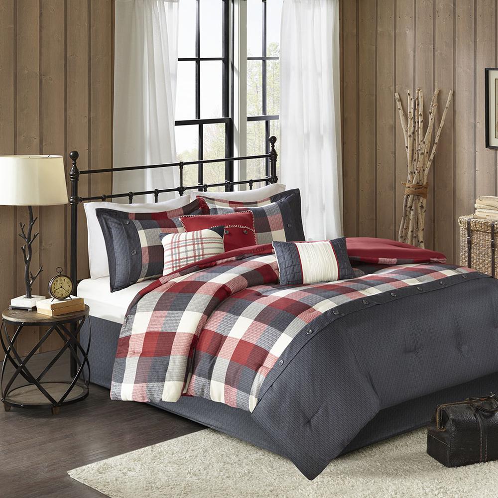 Ridge 7 Piece Herringbone Comforter Set, Red color. Picture 4