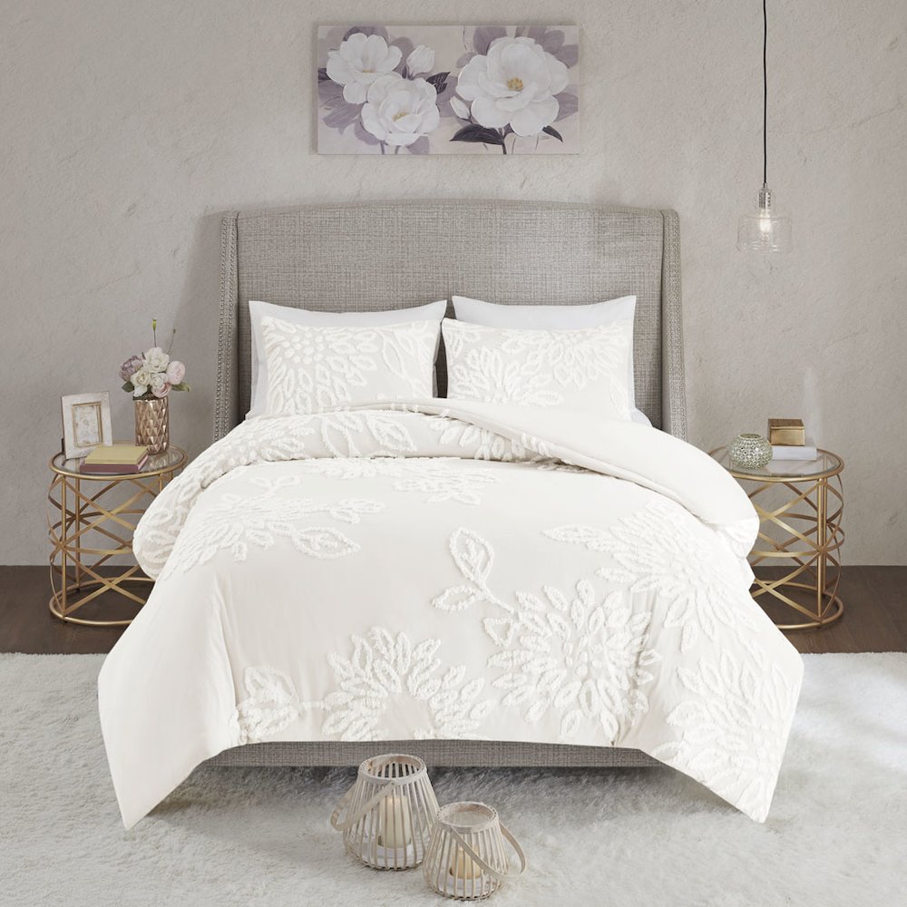 3 Piece Tufted Cotton Chenille Floral Duvet Cover Set. Picture 5