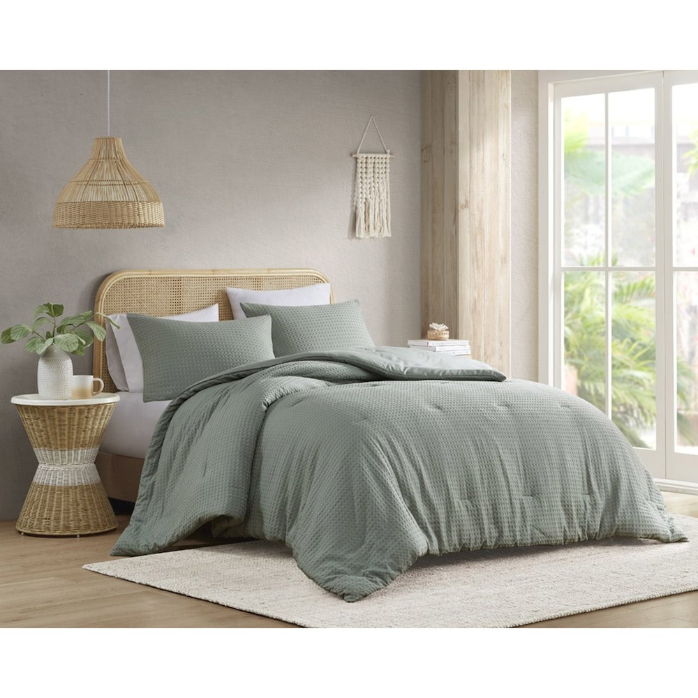 Mina Waffle Weave Textured Comforter Set, Sage Green color. Picture 4