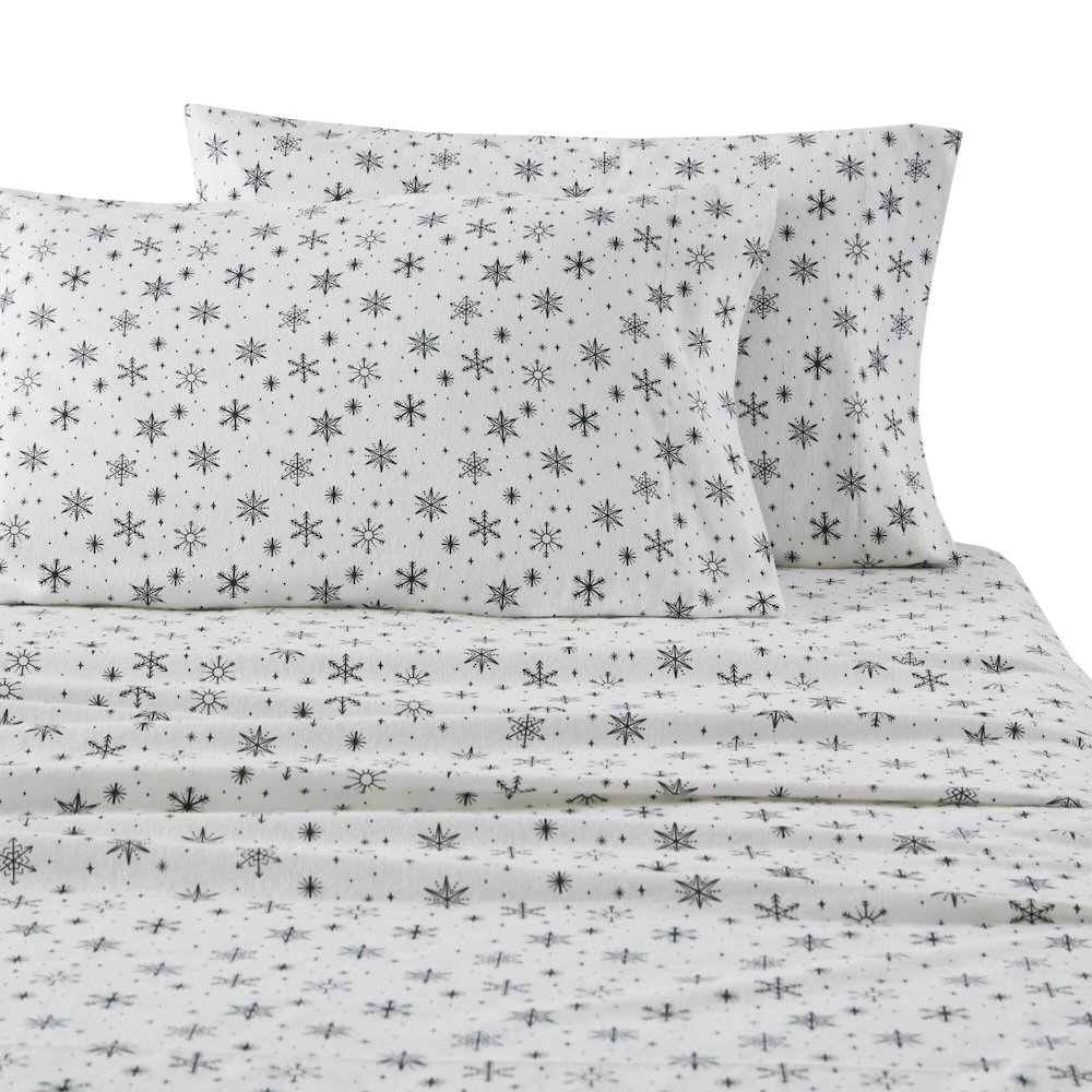 Cozy Flannel 100% Cotton Flannel Printed Sheet Set, Black Snowflakes color. Picture 2