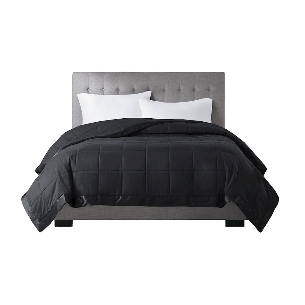 Windom Lightweight Down Alternative Blanket with Satin Trim in Black. Picture 1