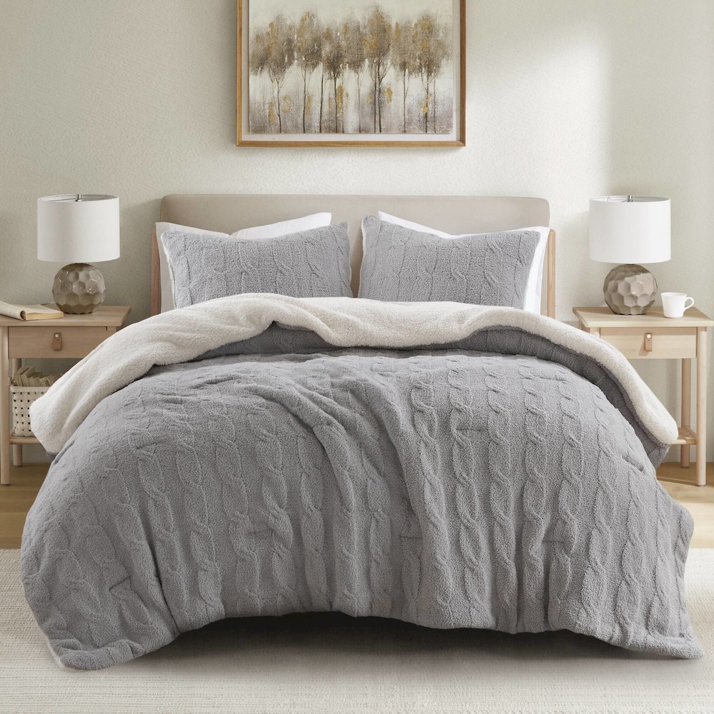 Riordan Cable Knit Chenille Comforter Set, Gray color. Picture 1
