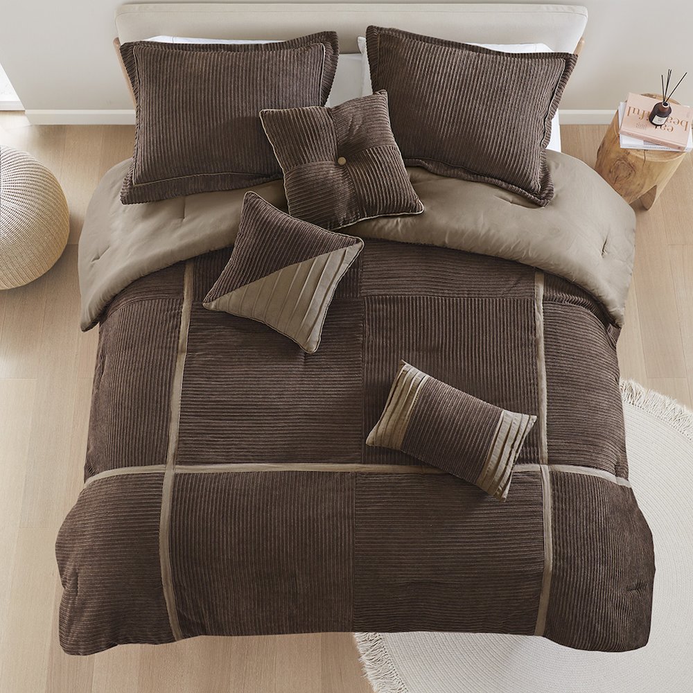 Dallas 7 Piece Micro Corduroy Comforter Set, Brown color. Picture 4