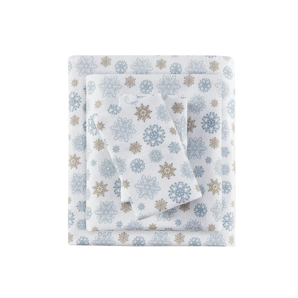 Cozy Flannel Printed Sheet Set, Tan/Blue Snowflakes color. Picture 3